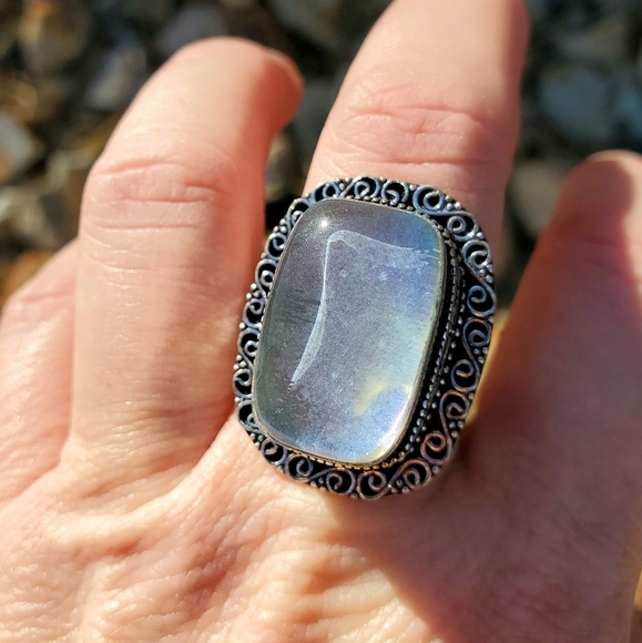 New Rainbow Dichroic Glass 925 Silver Statement Ring. - Picture 12 of 15